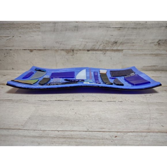 SIGNED Lorraine Art Fused Glass Shimmer Abstract Mosaic Cobalt Wave Trinket Dish - Picture 11 of 14